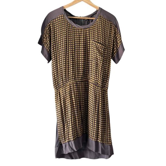Line & Dot Silk Casual Geometric Print A-Line Dress in Gray/Gold Size M - Picture 2 of 8